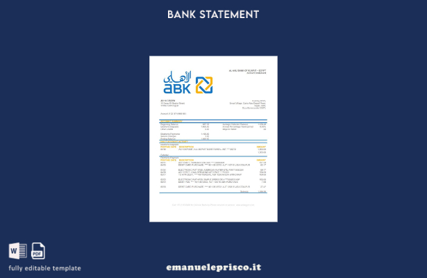 modello word di estratto conto bancario egiziano Al Ahli Bank of Kuwait in stile